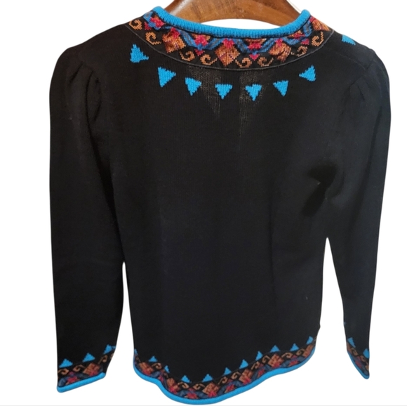 Vintage Anne Crimmins Embroidered  Black & Teal Blue Women's Sweater Sz Large - Picture 2 of 7